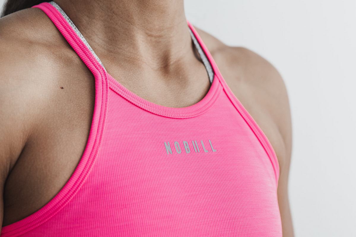 Nobull Halter Crop Neon Ribbed Women's Tank Tops Pink | Australia (PX4531)